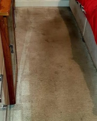 A cream carpet with a brown walkway stain beside a wardrobe